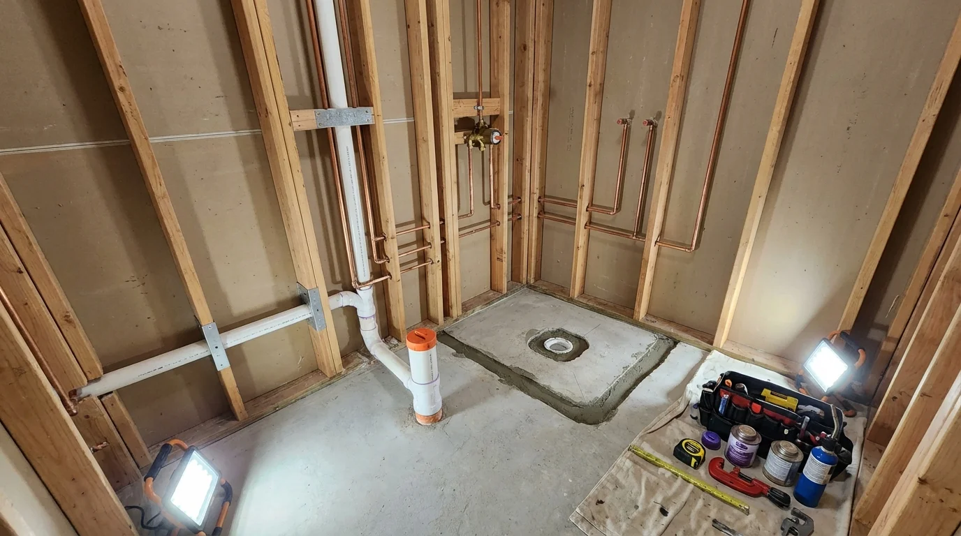 Bathroom rough-in plumbing during remodel by Johns Plumbing LLC in Osceola Mills