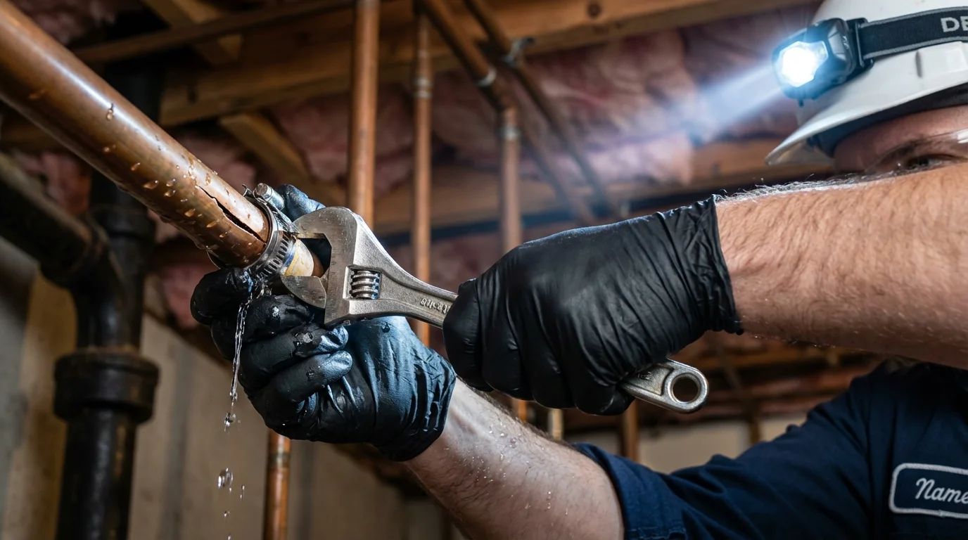 Emergency pipe clamp repair being performed by a Johns Plumbing LLC plumber in Osceola Mills
