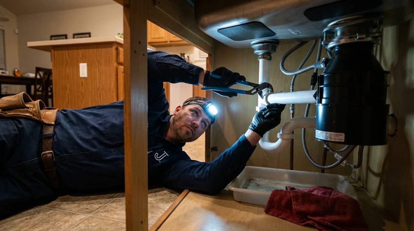 P-trap and supply line connections under a kitchen sink showing a common leak point in Osceola Mills, PA